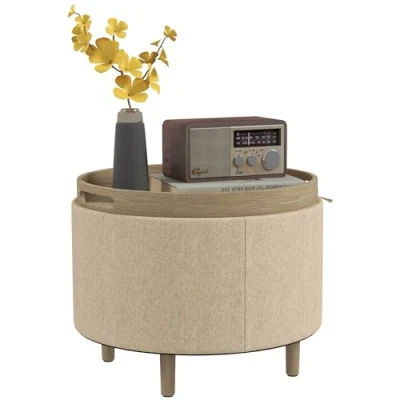 Afbeelding van HOMCOM Ronde poef, voetensteun, kruk met opbergdoos, omkeerbaar dienblad, 3 in 1 meubel, linnen bekleding, voet van massief hout, beige