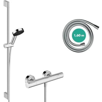 Afbeelding van hansgrohe Pulsify Select S waterbesparend Doucheset met Douchethermostaat Ecostat Element, Douchekop 8,2 l/min (EcoSmart) Douchestang 90cm, Doucheslang 160cm en Douchekophouder, chroom, 24271000