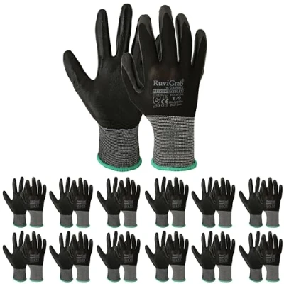 Afbeelding van RuviGrab Nitril werkhandschoenen, anti vet en oliehandschoenen, tuinhandschoenen, handschoenen voor bouw of landbouwwerkzaamheden, werkhandschoenen dames heren, verpakking van 12 stuks