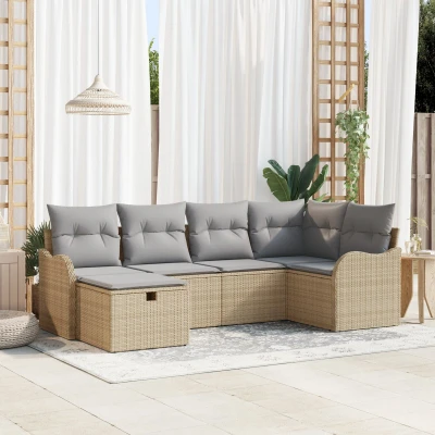 Afbeelding van vidaXL 6 delige tuinsofa set met kussens Beige Poly Rattan, 2 zits Rattan