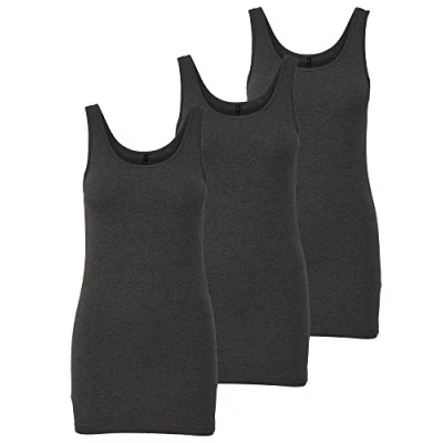 Afbeelding van ONLY Set van 3 basic tanktops voor dames, wit, zwart, grijs, blauw, crème, lange zomershirts top 15201465, grijs (dark grey melange), XL