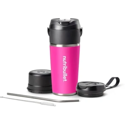 Afbeelding van nutribullet Flip NBP016MA, Draagbare Blender met Isolerende Beker van 590ml, Koelt voor 24u, Maakt IJs Fijn, Inclusief Deksel en Rietje, USB C Opladen, Roestvrij Staal, Magenta