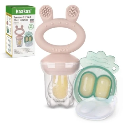 Afbeelding van Haakaa Baby Fruit Voerbakje Mini diepvriezer Knabbelbakje Combo,Moedermelk ijslollyvormpjes, BPA vrije siliconen voerbak voor veilig zelf voeden, 4 maanden+ roze