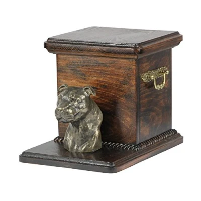 Afbeelding van Art Dog Handgemaakte Aangepaste Hondenherdenkingsurn Koudgegoten Bronzen Hondenkop op Berkenbasis Gepersonaliseerde Hondencrematiedoos 19x31x22cm Amerikaanse Staffordshireterriër (klein)