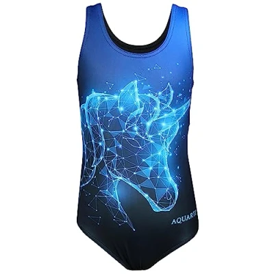 Afbeelding van Aquarti Meisjes Badpak met Racerback en Dolfijn Print, Eenhoorn Blauw/Zwart, 140