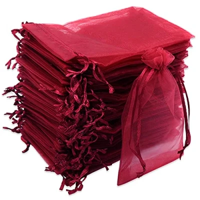 Afbeelding van Leeyunbee 100 stuks wijnrode organzazakjes, 10 x 15 cm, zakjes van organza, cadeau voor bruiloft, snoepzakjes festivals en bruiloften, satijnen trekkoord