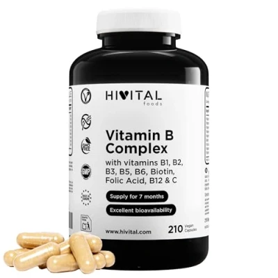 Afbeelding van Vitamine B Complex. 210 veganistische capsules voor 7 maanden behandeling. Vitamin Complex met B1, B2, B3, B5, B6, B12, Biotine, Foliumzuur en C. Gefabriceerd in Europa door HIVITAL