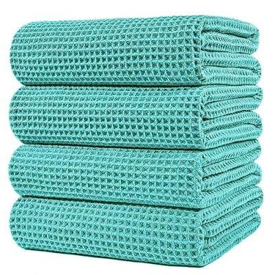 Afbeelding van POLYTE Microvezel oversized sneldrogende pluisvrije badhanddoek, 152 x 76 cm, 4 stuks (Aqua, wafelweefsel)