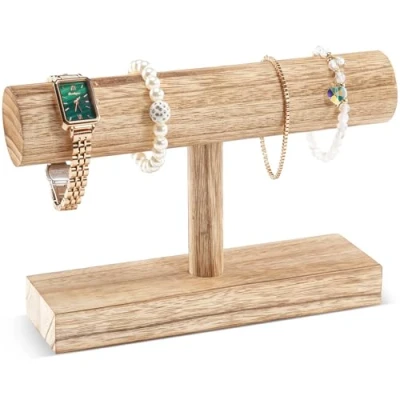 Afbeelding van ProCase armband houder display organisator, houten standaard voor verkoop, T bar opbergrek horloge toren bedrijven 1 laag, natuur