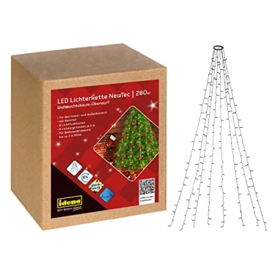 Afbeelding van Idena 31108 NewTec LED fairy lights voor binnen &amp; buiten met 280 in warm wit, kerstboom 8 strengen, lichtstanden, voeding en uur timerfunctie warmwit