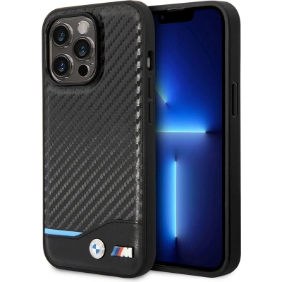 Afbeelding van iPhone 14 Pro Max Backcase hoesje BMW Effen Zwart Leer