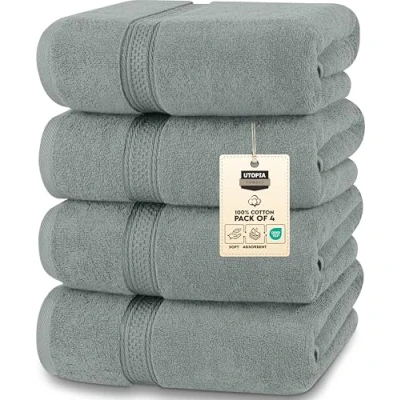 Afbeelding van Utopia Towels Badhanddoekenset, 4 pack Premium 100% Ring Spun Cotton Snel droog, zeer absorberend, zacht aanvoelende handdoeken, perfect voor dagelijks gebruik, 69 x 137 cm (Koel Grijs)