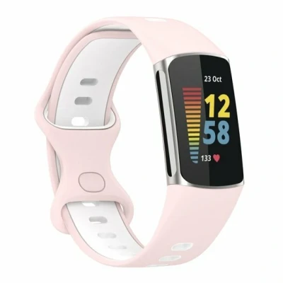 Afbeelding van FitBit Charge 5 &amp; 6 Sportbandje met dubbele lus Roze / wit Tweekleurig Maat: L