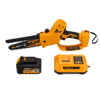 Afbeelding van Tolsen Mini Kettingzaag op accu Brushless Industrial 20V Li ion 400W Zaagbladlengte: 200 mm Kettingsnelheid: 7,5 m/s Automatische Kettingsmering Incl. 1x 4.0Ah &amp; snellader