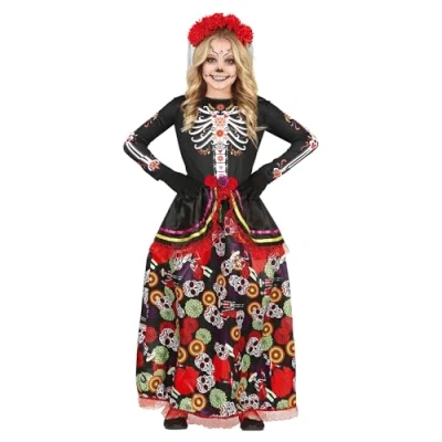 Afbeelding van FIESTAS GUIRCA La Catrina kostuum, lange, elegante jurk en haarband met bloemen, voor meisjes van 5 6 jaar