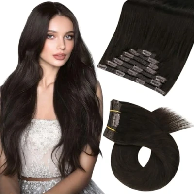 Afbeelding van Moresoo Clip in Hair Extensions Human Zwart Voor Haarverlenging Dubbele Inslag Echt Remy Haar Donkerste Bruin #2 120g 40 cm 7PCS