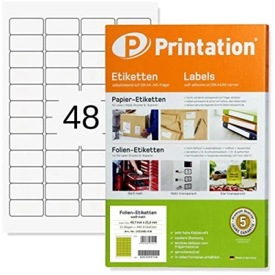 Afbeelding van Printation 45,7 x 21,2 mm folie etiketten, waterdicht, zelfklevend, mat, wit, sterk 480 zelfklevende etiketten om te bedrukken, 10 DIN A4 vellen/48 waterdichte per
