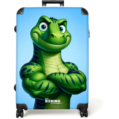 Afbeelding van NoBoringSuitcases.com® Koffer groot Reiskoffer lichtgewicht Groene dino met Grote spierballen Rolkoffer 4 wielen trolley XL 98 liter bagage