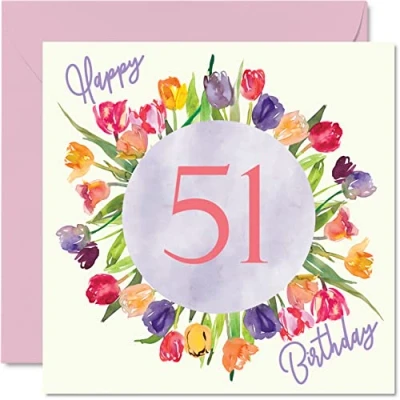Afbeelding van mooie 51e verjaardagskaarten voor vrouwen aquarel tulpen bloemen boeket gelukkige verjaardagskaart haar oma oppas Gran moeder verjaardagscadeaus, 145 mm x wenskaarten cadeau