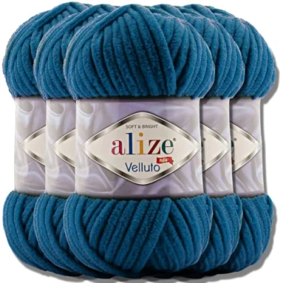 Afbeelding van Alize Velluto Turkse wol, 5 bollen van elk 100 g, super bulky, XXL bol voor Amigurumi, zacht, babywol, om te haken en breien, Mykonos blauw, 646)