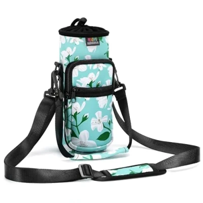 Afbeelding van Nuovoware Flessentas van neopreen, 710 ml, flessenhouder met schouderriem en verstelbare polsband, draagtas 2 zakken, perfecte accessoires voor reizen, wandelen, kamperen, lelie groen
