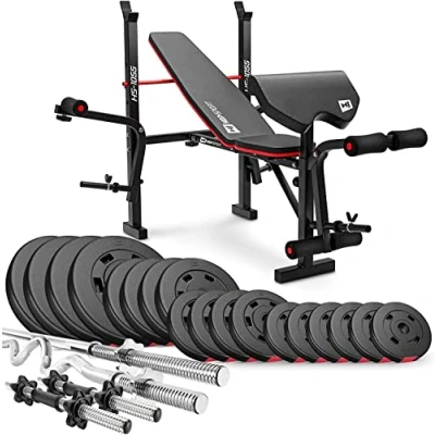Afbeelding van Hop Sport Verstelbare Fitnessbank HS 1055 met Curlpult, Vlinder en Beencurler incl. 38 kg 129,5 Halterset naar Keuze Lange Curlstang (92kg Lang, Kort &amp; super SZ Curlhalter)