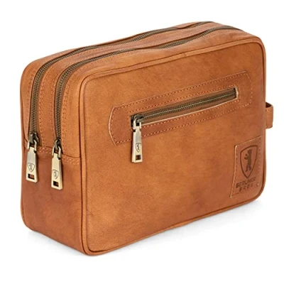 Afbeelding van Berliner Bags vintage toilettas Paul van leer, voor dames en heren, op reis, bruin, 2 vakken,