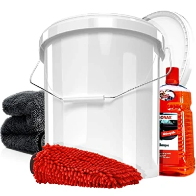 Afbeelding van detailmate Sonax Autoshampoo concentraat 2L + wasemmer met bijpassend deksel microvezel chenille washandschoen absorberende droogdoek, 50 x 80 cm, 1000 g/m²