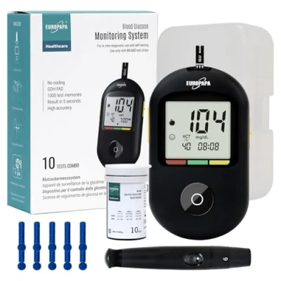 Afbeelding van EUROPAPA® Bloedglucosemeter met 10 Bloedsuikerteststrips en Bloedlancetten Prikpen, Bloedglucosemeetsysteem, Diabetesset Mg/Dl (Zwart)