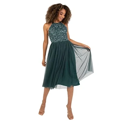 Afbeelding van Maya Deluxe Dames midi jurk met halter hals tule voor avondafstuderen prom bruiloft bruidsmeisjes baljurk, Emerald Groen, 36