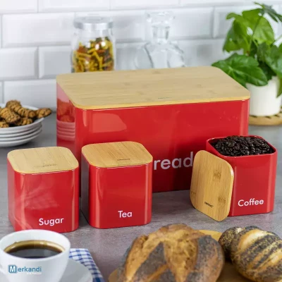 Afbeelding van Kinghoff 1085 Broodtrommel set Rood Rvs met hout 35x23x18,5 cm