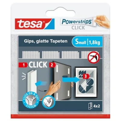 Afbeelding van tesa Powerstrips CLICK Zelfklevende Strips voor Vast en Losklikken van Fotolijsten Wanddecoratie zonder te Boren Kleefstrips met ON OFF Kliksysteem Small 4 x 2 Stuks