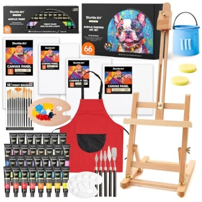 Afbeelding van 66 Pack Acryl Verf Set, Shuttle Art Schilderij Set met 30 Kleuren Acrylverf, Houten Schildersezel, Canvas, Penselen, Paletten, Kunstschilderbenodigdheden voor Kinderen Volwassenen