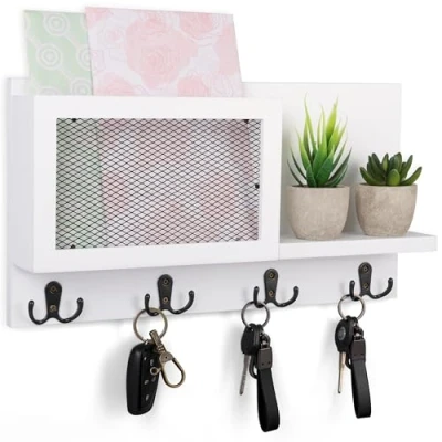 Afbeelding van BELLE VOUS White Wall Mounted Mail and Key Holder with 8 Hooks Decorative Rack Letter Organiser/Sorter Wooden Rustic Hanger Shelf for Home, Entryway, Hallway, Living Room or Mudroom