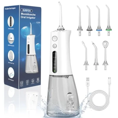 Afbeelding van SURFOU Monddouche en irrigators, 5 modi, 7 opzetstukken, kerstcadeaus, IPX7, waterdicht, USB C oplaadbaar 300 ml waterreservoir voor reizen thuisgebruik