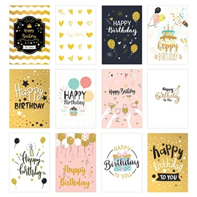 Afbeelding van Edition Seidel Set van 12 premium verjaardagskaarten met gouden reliëf en envelop. wenskaart, verjaardagskaart, man vrouw, kaarten, Happy Birthday billet