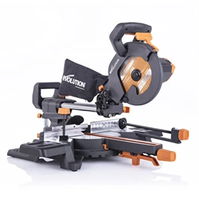 Afbeelding van Evolution Power Tools R210SMS 300+ glijdende samengestelde afkortzaag met TCT zaagblad, voor meerdere materialen en zaagt staal, aluminium, hout meer, 210 mm