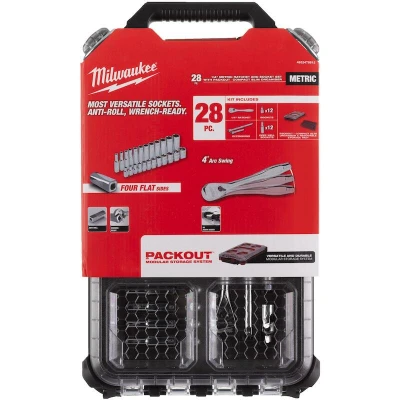 Afbeelding van Milwaukee Accessoires Metrische 1/4&quot; ratel + doppen set (28 delig) in PACKOUT compact slim organiser 4932478812