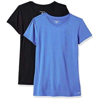 Afbeelding van Amazon Essentials Dames Tech Stretch T shirt met korte mouwen en ronde hals (verkrijgbaar in grote maten), 2 Pack, Helderblauw/Zwart, XS