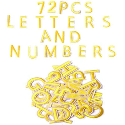 Afbeelding van Harsgs 72 stuks opstrijkbare letters nummers patches, geborduurde patches A Z 0 9 applicatie voor kleding, jurk, hoed, jeans, doe het zelf accessoires, geel