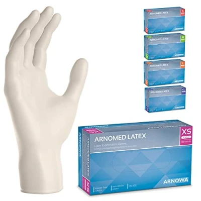 Afbeelding van ARNOMED Latex wegwerphandschoenen XS, wit, poedervrij, 100 stuks per doos, wegwerphandschoenen, handschoenen voor eenmalig gebruik, verkrijgbaar in maat S, M, L &amp; XL