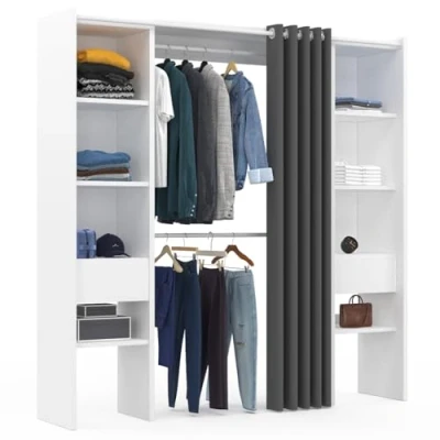 Afbeelding van IDMarket kledingkast uittrekbaar dubbel Meryl 120/180 x 50 180 cm, wit met planken + dubbele gordijn grijs