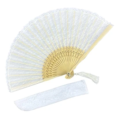 Afbeelding van Eastern Wind Chinees/Japans/Spaanse Hand Vouwventilator met Bamboe Frame, Kantventilator voor Vrouwen Meisjes Huwelijksgeschenken (Zwart Blauw Wit) 22cm (Wit)