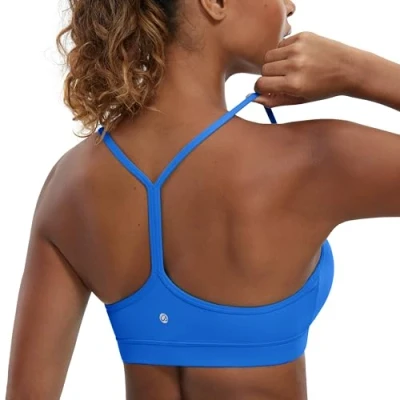 Afbeelding van CRZ Yoga Vrouwen Low Impact Strappy Gewatteerde Sport BH Y Racer Back Spaghetti Riemen Tops Fonkelend blauw XS