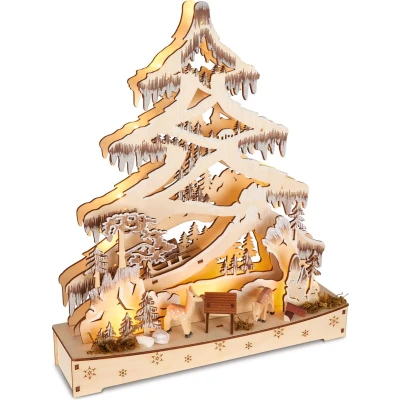 Afbeelding van BRUBAKER 3D lichtboog, led dennenboom, bos, kerstverlichting van natuurlijk hout, 34 x 28 9 cm, handbeschilderde figuren, kerstdecoratie voor tafel en raam