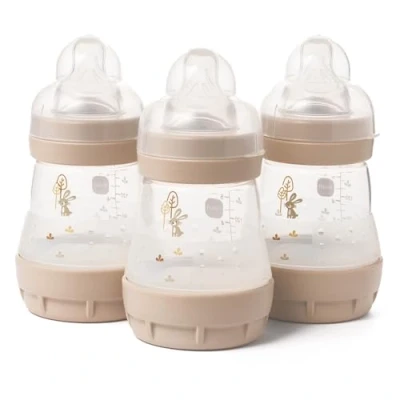 Afbeelding van MAM Easy Start Self Sterilising Anti Colic Baby Bottle 3 Pack (3 x160 ml) with Slow Flow Teats Size 1, Newborn Essentials, White (Designs May Vary)