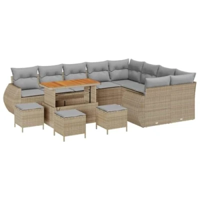 Afbeelding van vidaXL 13 delige tuinset met kussens in beige poly riet en acacia