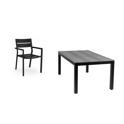 Afbeelding van 4 Seizoenen Tuinmeubelen 5 delige tuinset Delia stapelbare tuinstoelen (Black) 180cm Cyprus tuintafel (Grey)
