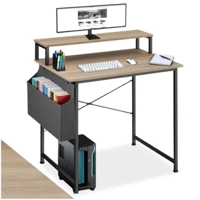 Afbeelding van tectake® Bureau Everett 80 cm breed computertafel met plank en organizer lichtbruin 404663