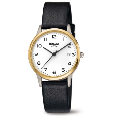 Afbeelding van Boccia 3310 04 Horloge titanium leder zilver en goudkleurig zwart wit 32 mm